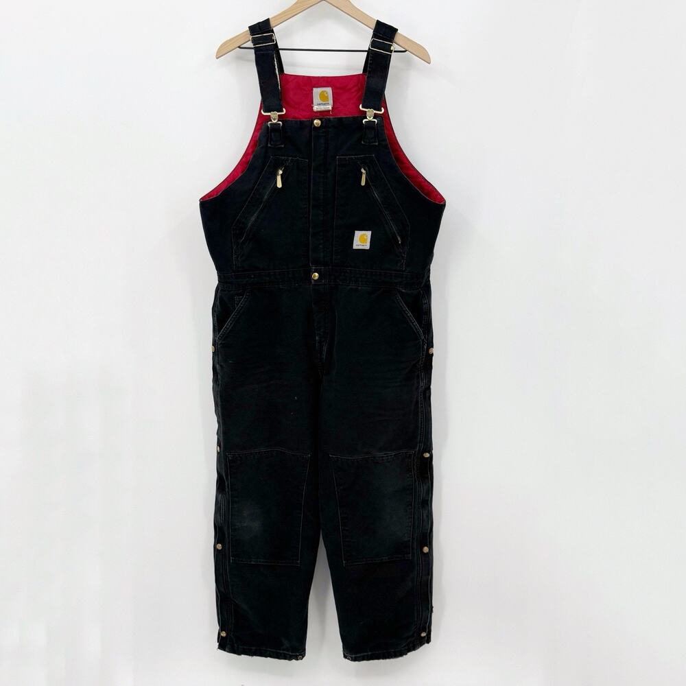Vtg Carhartt Quilt Lined Duck Bib Overalls 38x30 Black Thrashed Grunge Y2k‎ Work